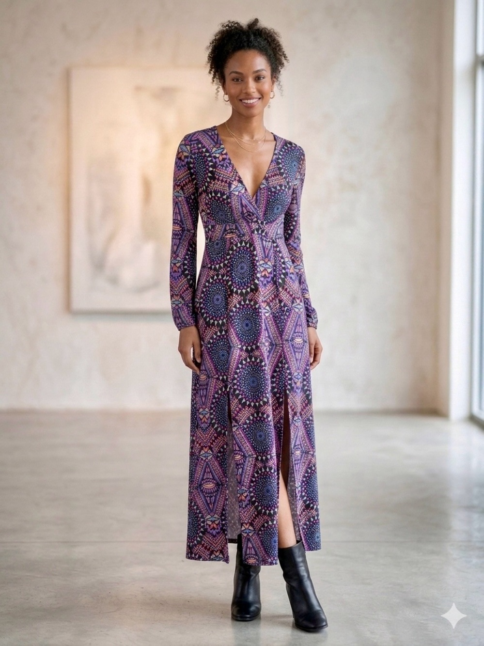 Purple Geometric V-Neck Wrap Maxi Dress - Women